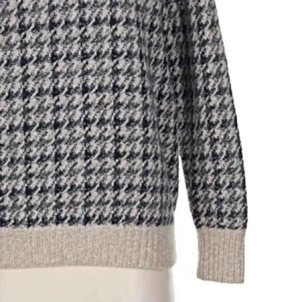Theory Wool Houndstooth Luxury Beige Gray Mock Neck Crewneck Sweater Petite P